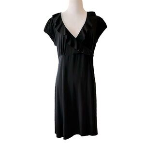 FIRST KISS SURPLICE RUFFLED NECKLINE MIDI DRESS BLACK SIZE MEDIUM